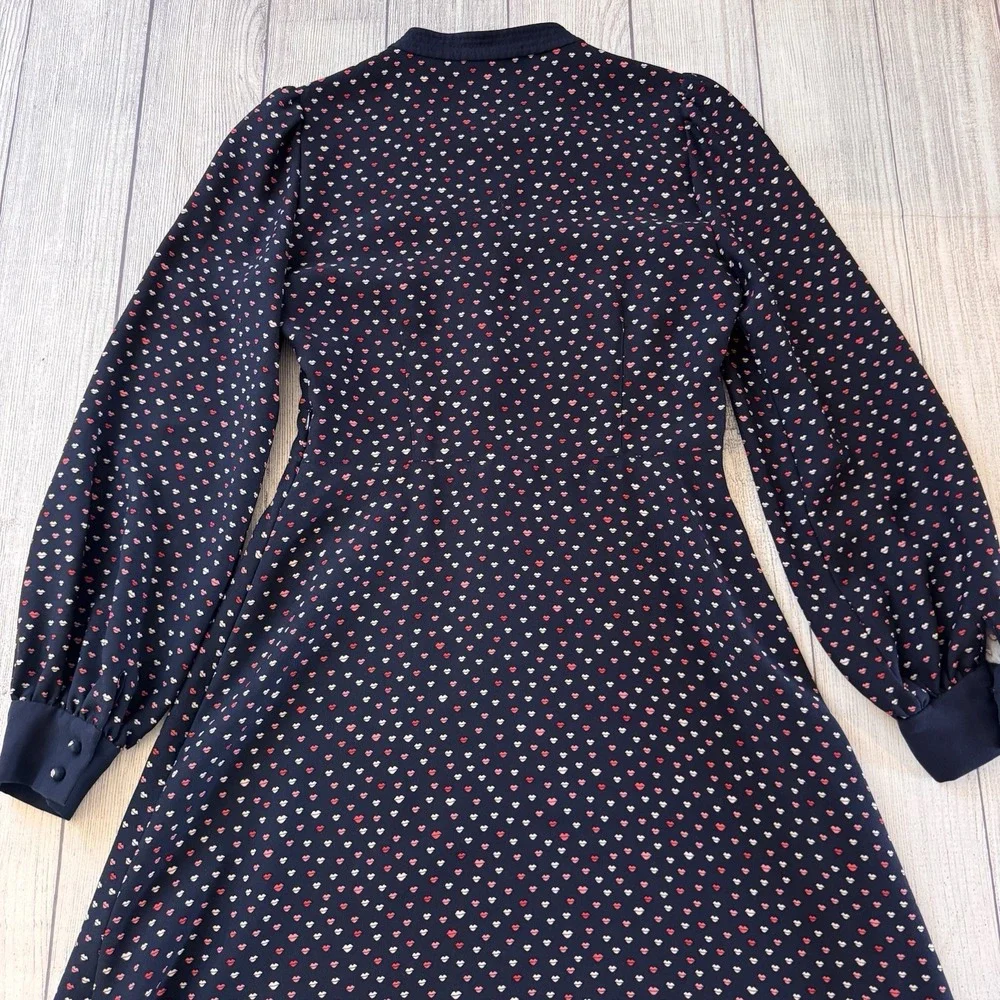 Kate Spade New York Navy Blue Lips Print Crepe Swing Dress Long Sleeve Size 6
